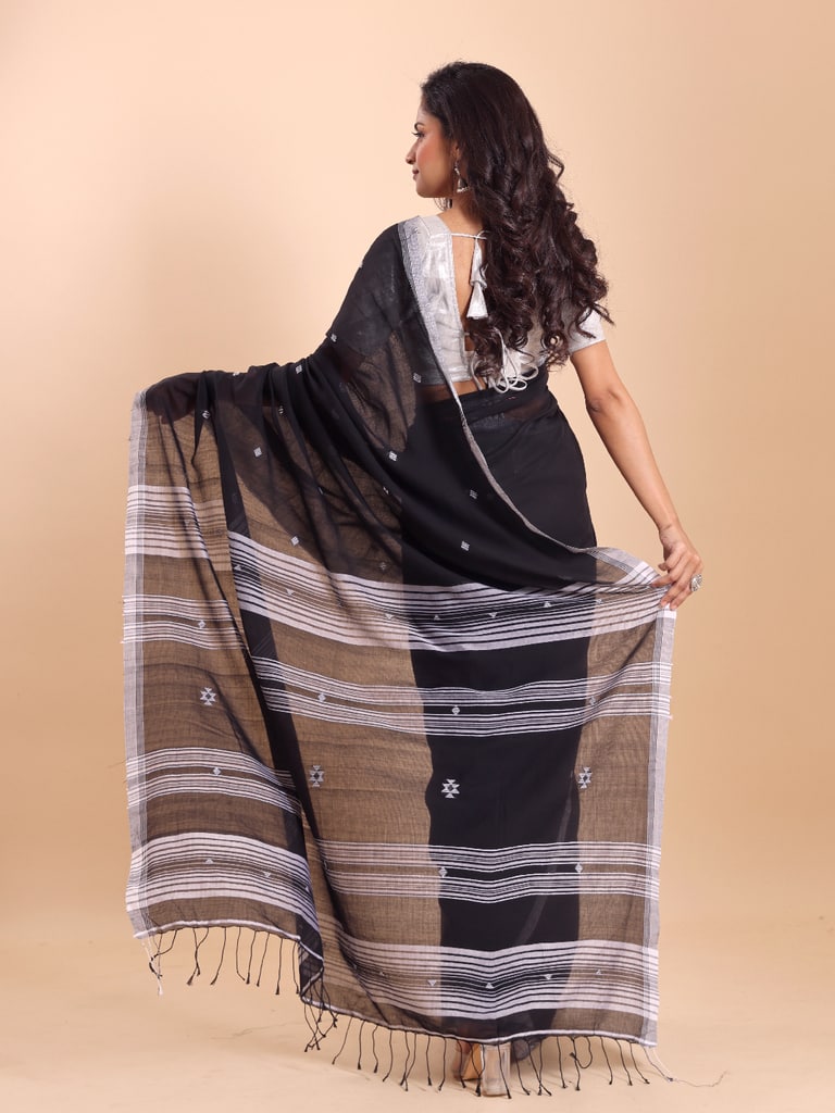 Handloom New Charpati Jamdani Saree - Black - Thumbnail 4