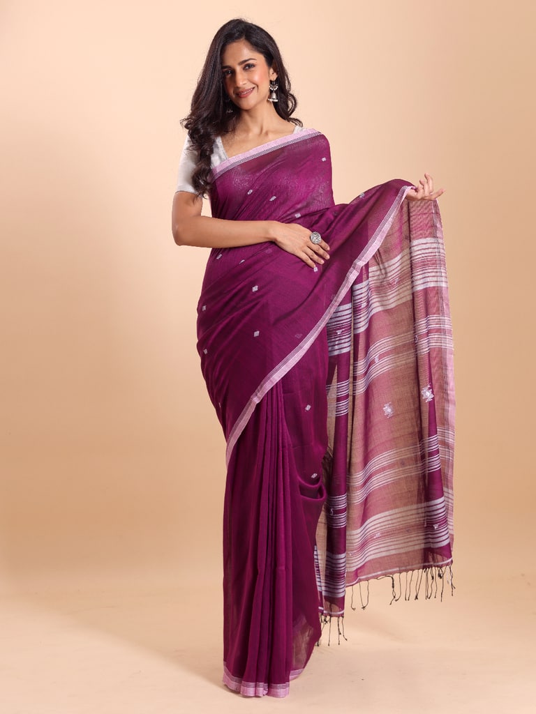Handloom New Charpati Jamdani Saree - Purple Orcid - View 1