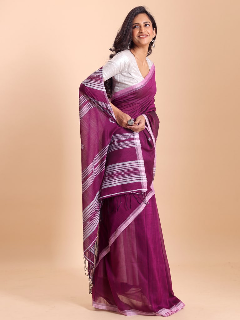 Handloom New Charpati Jamdani Saree - Purple Orcid - View 2
