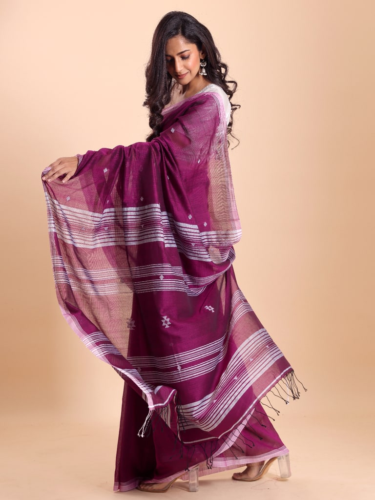 Handloom New Charpati Jamdani Saree - Purple Orcid - Thumbnail 4