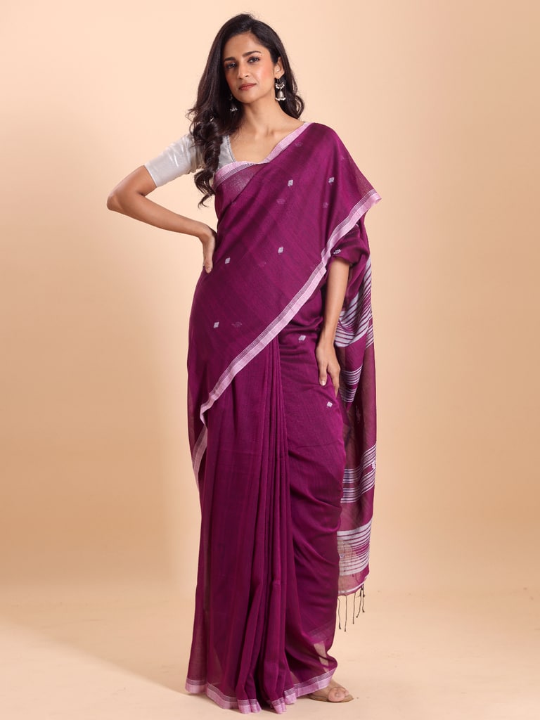 Handloom New Charpati Jamdani Saree - Purple Orcid - Thumbnail 5