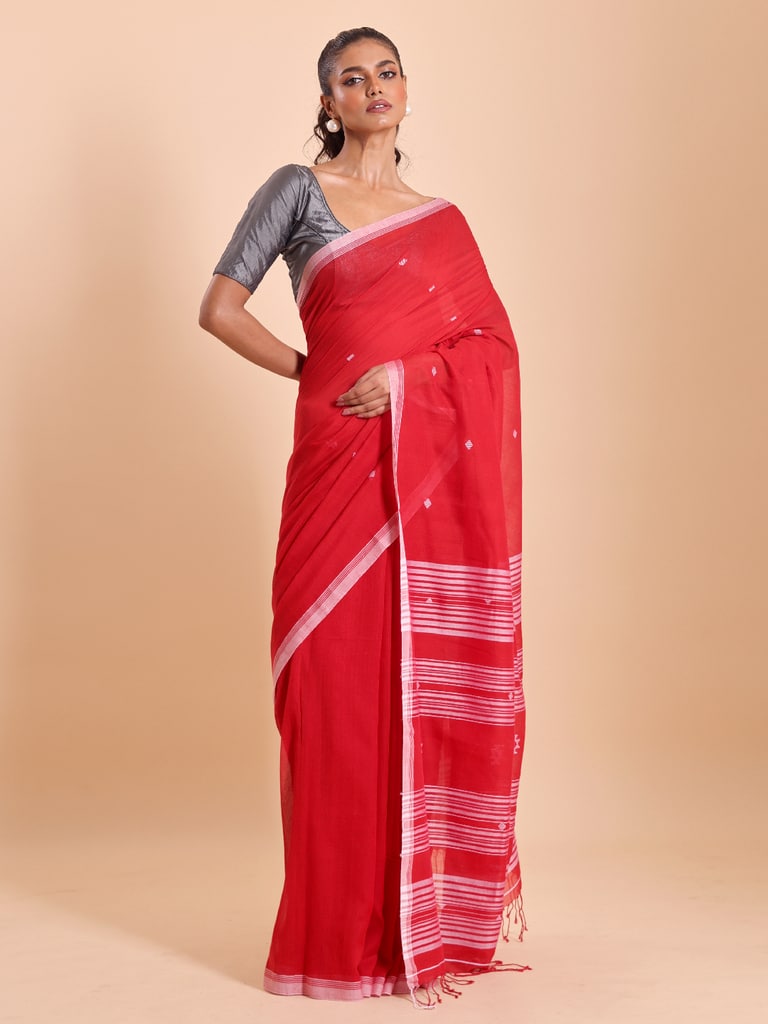 Handloom New Charpati Jamdani Saree - Red - View 1