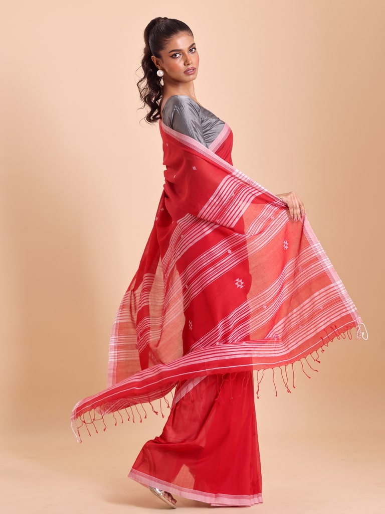 Handloom New Charpati Jamdani Saree - Red - Thumbnail 3
