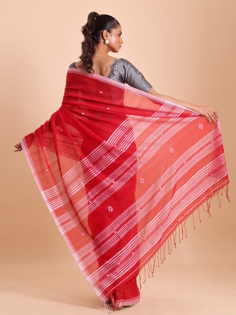 Handloom New Charpati Jamdani Saree - Red - Thumbnail 4
