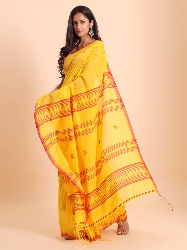 Handloom New Charpati Jamdani Saree - Yellow - Thumbnail 2