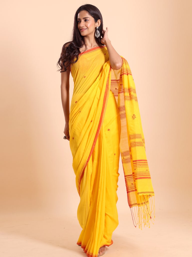 Handloom New Charpati Jamdani Saree - Yellow - Thumbnail 3
