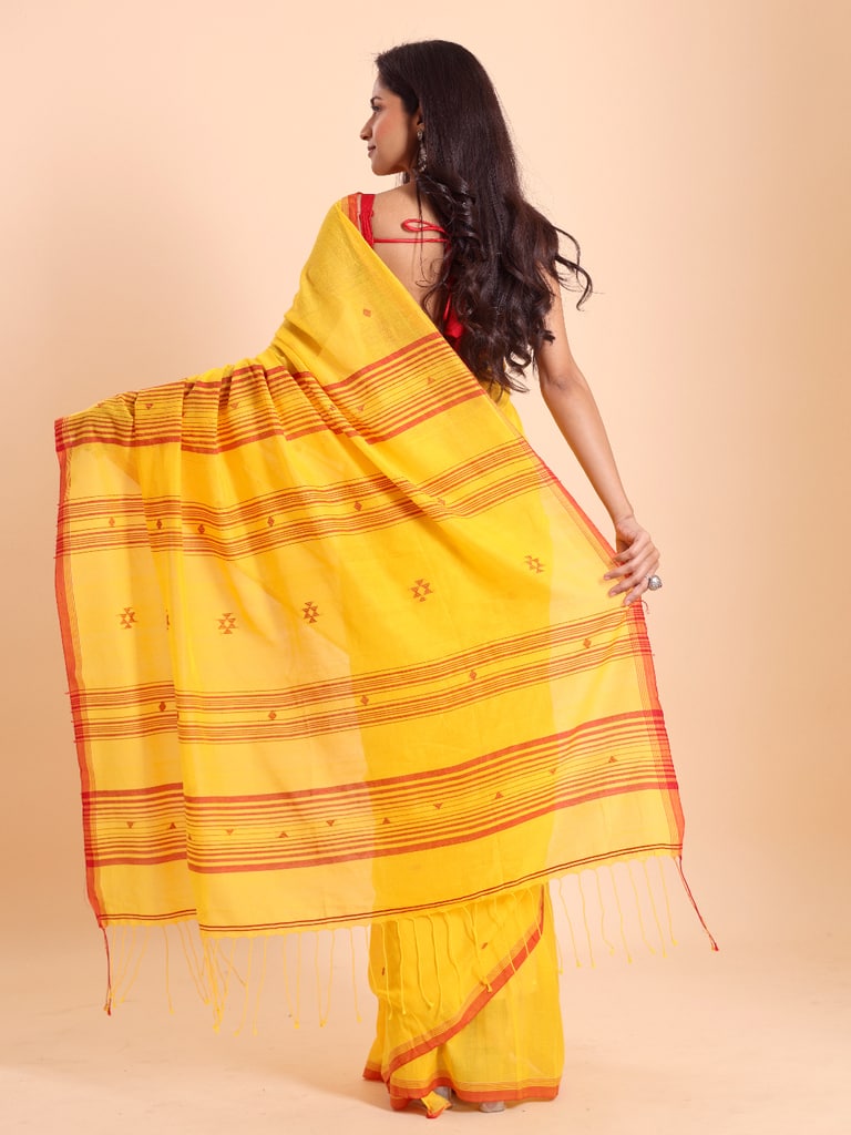 Handloom New Charpati Jamdani Saree - Yellow - Thumbnail 4