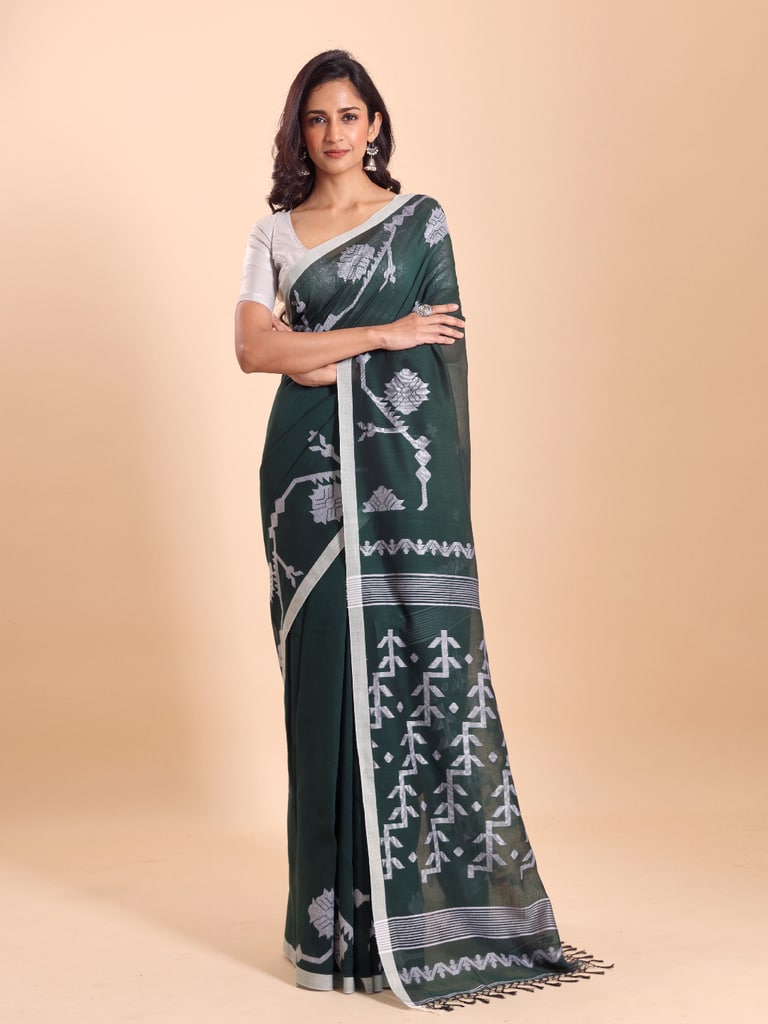 Handloom Cotton Lata Jacquard Jamdani Saree - Bottle Green - View 1