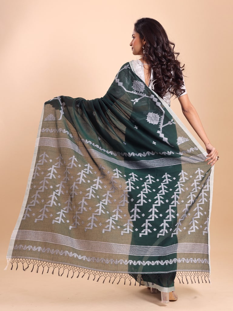 Handloom Cotton Lata Jacquard Jamdani Saree - Bottle Green - Thumbnail 4