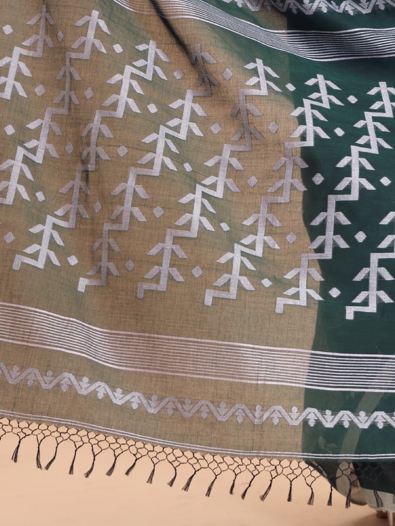 Handloom Cotton Lata Jacquard Jamdani Saree - Bottle Green - Thumbnail 5