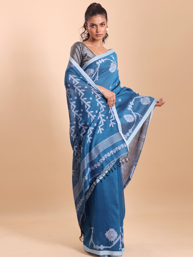 Handloom Cotton Lata Jacquard Jamdani Saree - Diva Blue - View 1