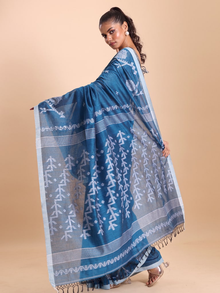 Handloom Cotton Lata Jacquard Jamdani Saree - Diva Blue - Thumbnail 3