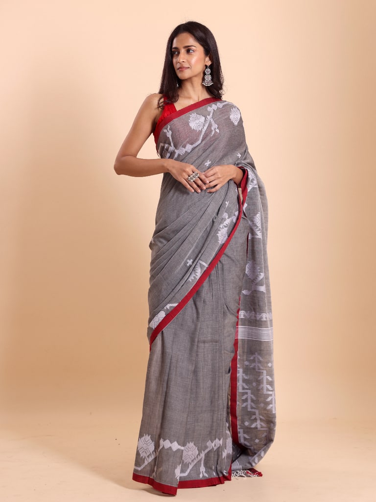 Handloom Cotton Lata Jacquard Jamdani Saree - Grey - View 1