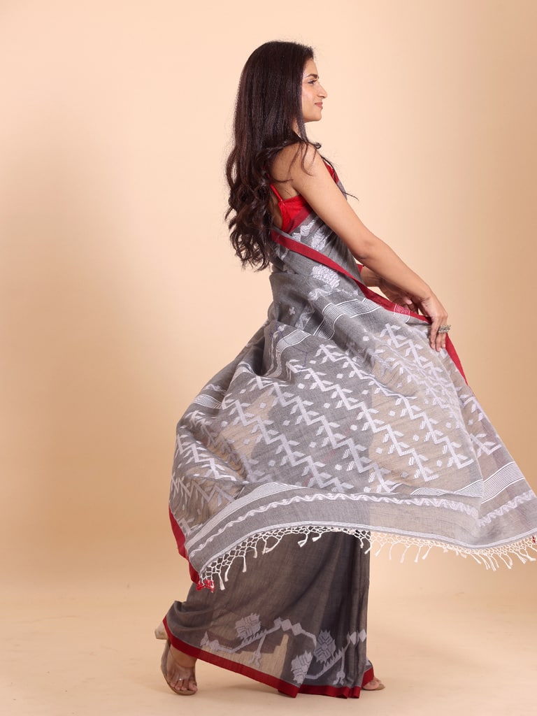 Handloom Cotton Lata Jacquard Jamdani Saree - Grey - View 2