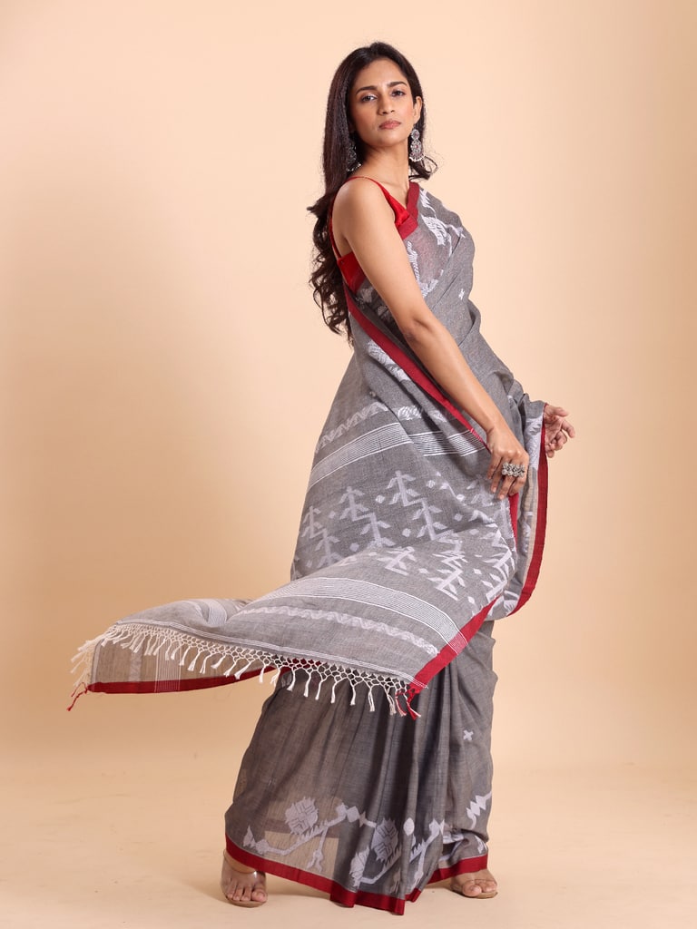 Handloom Cotton Lata Jacquard Jamdani Saree - Grey - Thumbnail 3