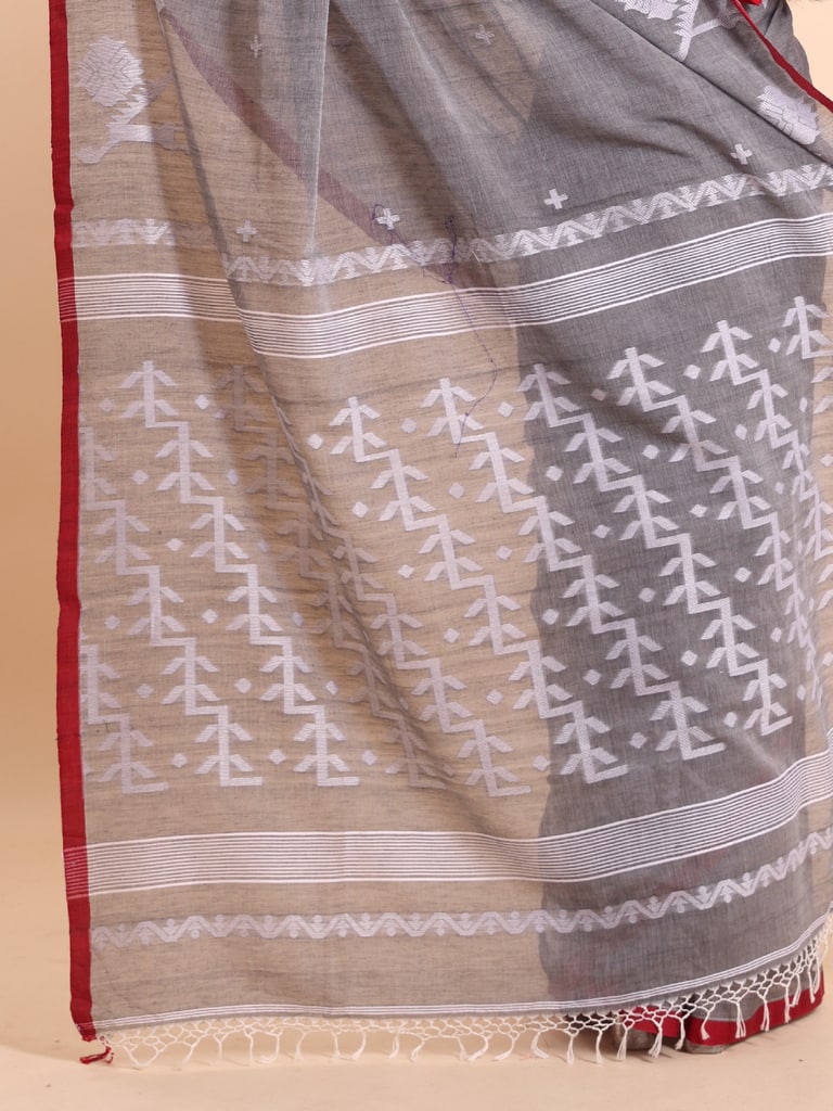 Handloom Cotton Lata Jacquard Jamdani Saree - Grey - Thumbnail 5