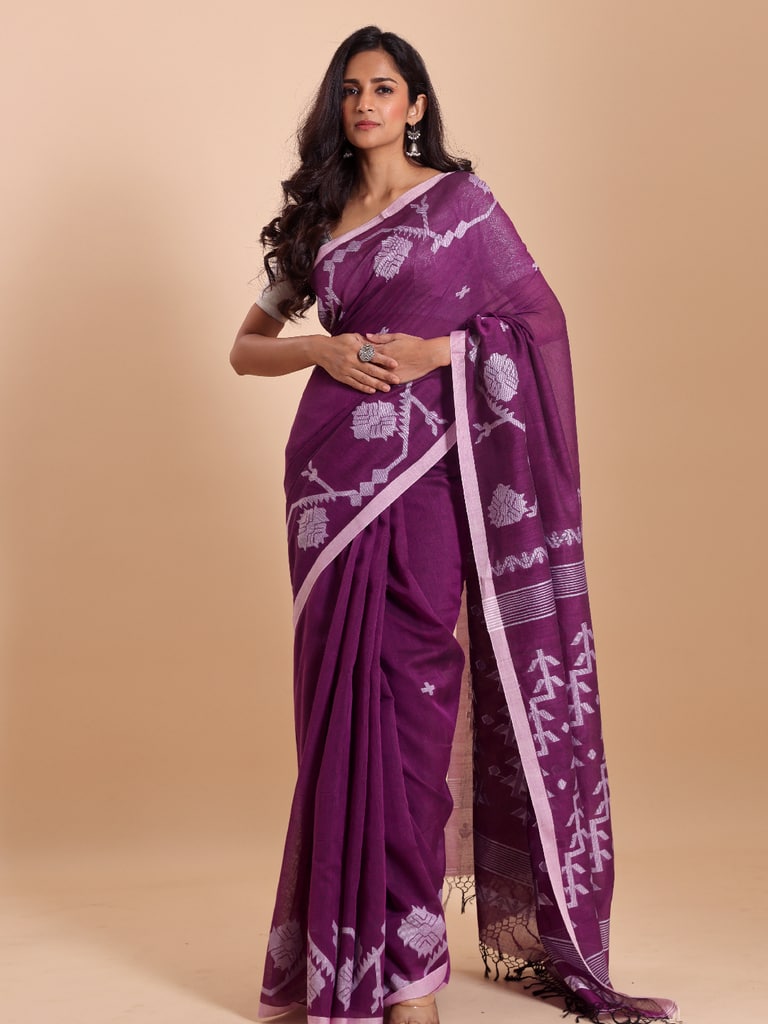 Handloom Cotton Lata Jacquard Jamdani Saree - Purple Orcid - View 1