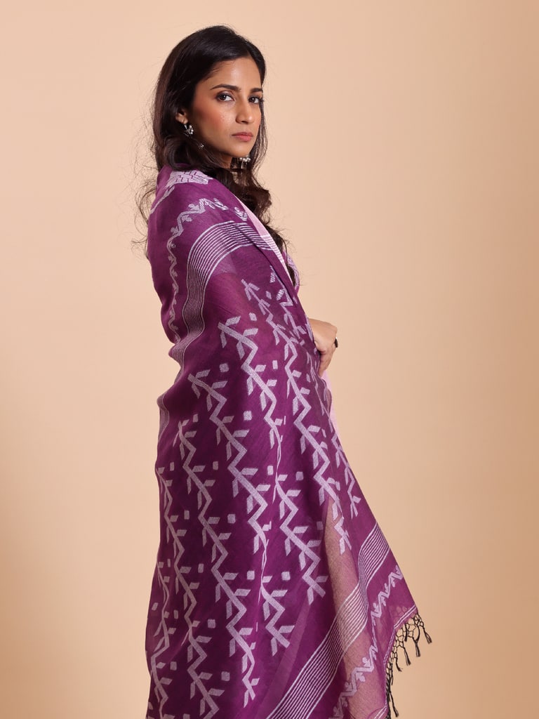 Handloom Cotton Lata Jacquard Jamdani Saree - Purple Orcid - Thumbnail 3