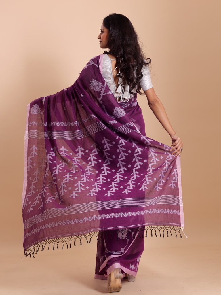 Handloom Cotton Lata Jacquard Jamdani Saree - Purple Orcid - Thumbnail 4