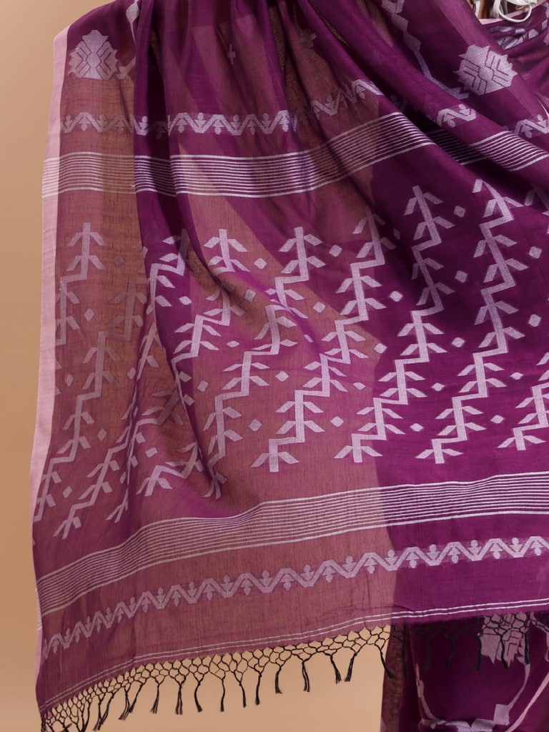 Handloom Cotton Lata Jacquard Jamdani Saree - Purple Orcid - Thumbnail 5